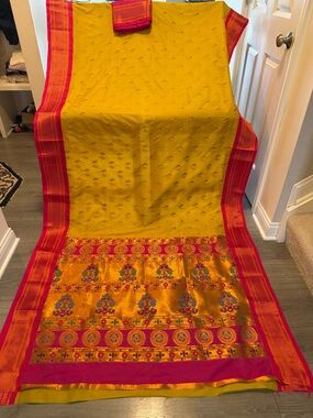Traditional Yellow and Pink Women's Wedding paithani  Saree sari